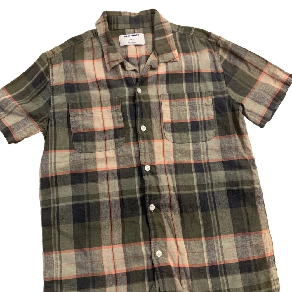 Old Navy | Plaid Short Sleeve Button Down Shirt Size Large (10-12) Army